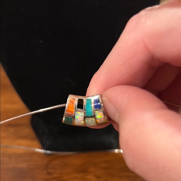 Sterling Silver Stone inlay Slide Pendant on 925 wire choker Necklace. - Picture 6 of 9